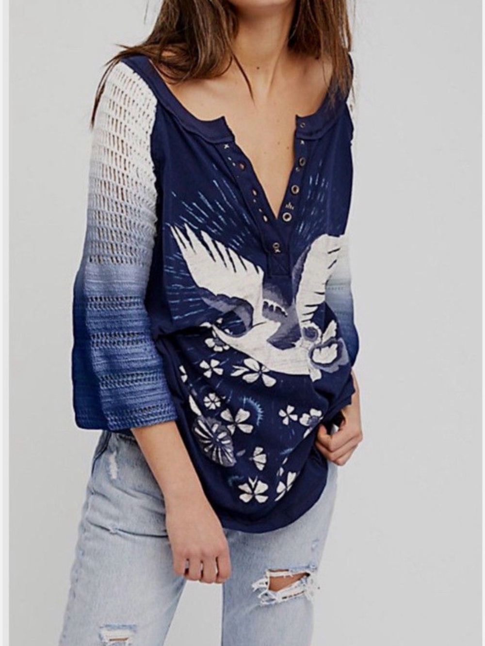 Free People Navy Graphic Top with Crochet Sleeves